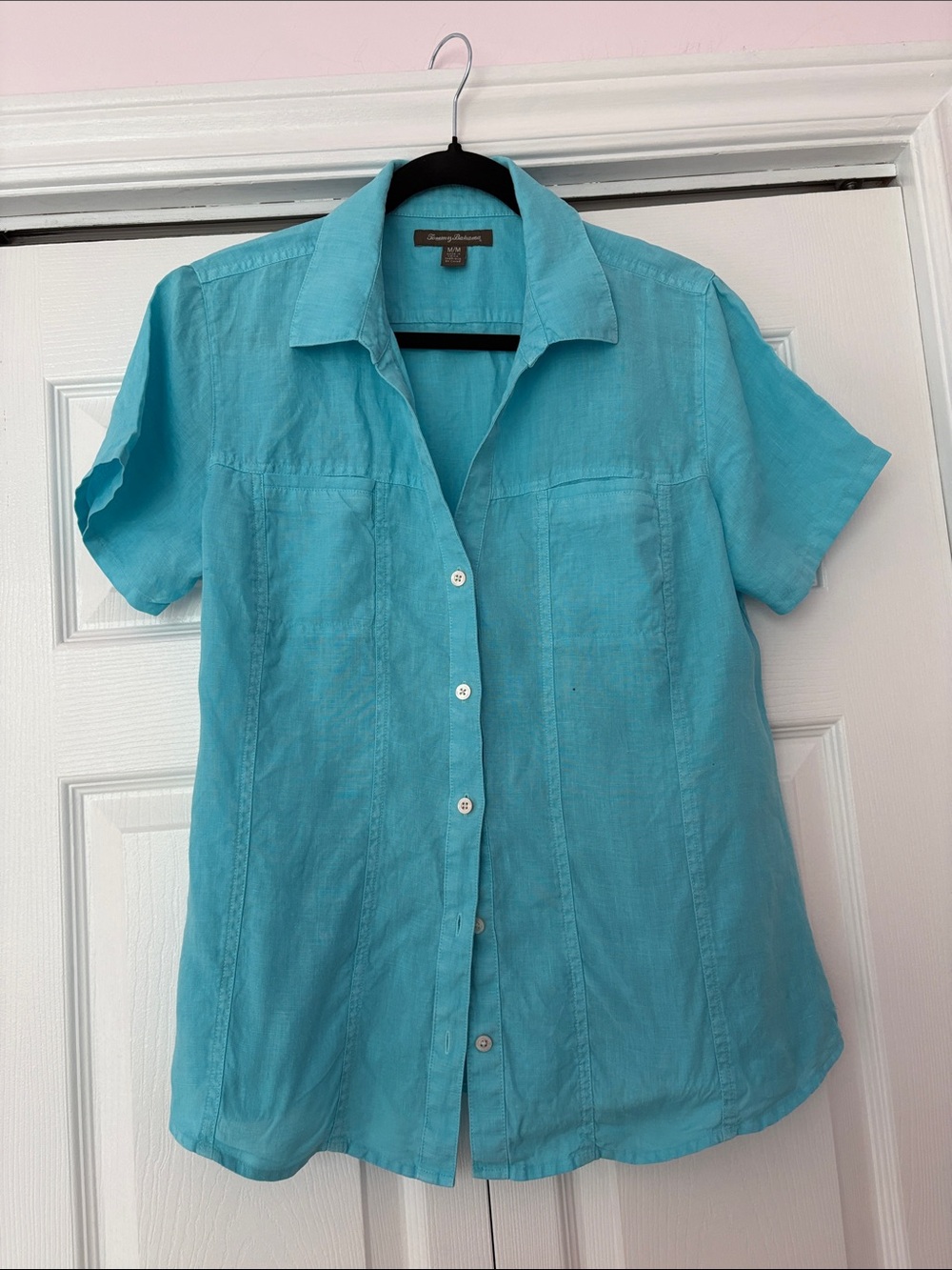 Tommy Bahama Turquoise Button-Down Short Sleeve Linen Shirt